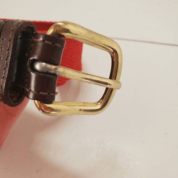 VTG Lacoste Men's Red Canvas Brown Leather Brass Buckle Belt 36 - Picture 3 of 7